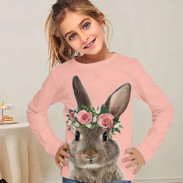 Easter Girls' 3D Graphic Animal Rabbit T shirt Tee Long Sleeve Spring Fall Fashion Basic Kids 4-12 Years Crew Neck Outdoor Casual Daily Regular Fit
