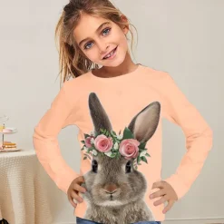 Easter Girls' 3D Graphic Animal Rabbit T shirt Tee Long Sleeve Spring Fall Fashion Basic Kids 4-12 Years Crew Neck Outdoor Casual Daily Regular Fit