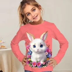 Easter Girls' 3D Graphic Animal Rabbit T shirt Tee Long Sleeve Spring Fall Fashion Basic Kids 4-12 Years Crew Neck Outdoor Casual Daily Regular Fit