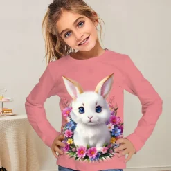 Easter Girls' 3D Graphic Animal Rabbit T shirt Tee Long Sleeve Spring Fall Fashion Basic Kids 4-12 Years Crew Neck Outdoor Casual Daily Regular Fit
