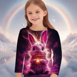Easter Girls' 3D Graphic Animal Rabbit T shirt Tee Long Sleeve Spring Fall Fashion Basic Kids 4-12 Years Crew Neck Outdoor Casual Daily Regular Fit