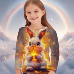 Easter Girls' 3D Graphic Animal Rabbit T shirt Tee Long Sleeve Spring Fall Fashion Basic Kids 4-12 Years Crew Neck Outdoor Casual Daily Regular Fit