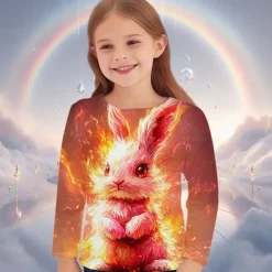 Easter Girls' 3D Graphic Animal Rabbit T shirt Tee Long Sleeve Spring Fall Fashion Basic Kids 4-12 Years Crew Neck Outdoor Casual Daily Regular Fit