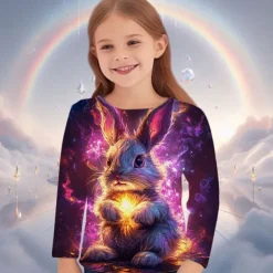 Easter Girls' 3D Graphic Animal Rabbit T shirt Tee Long Sleeve Spring Fall Fashion Basic Kids 4-12 Years Crew Neck Outdoor Casual Daily Regular Fit