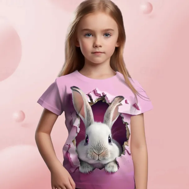 Easter Girls' 3D Graphic Cartoon Rabbit T shirt Tee Short Sleeve 3D Print Summer Spring Active Fashion Cute Kids 3-12 Years Outdoor Casual Daily Regular Fit