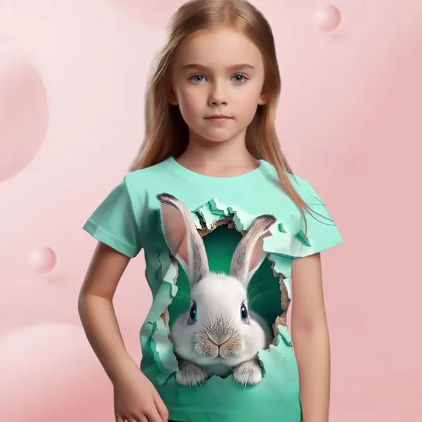 Easter Girls' 3D Graphic Cartoon Rabbit T shirt Tee Short Sleeve 3D Print Summer Spring Active Fashion Cute Kids 3-12 Years Outdoor Casual Daily Regular Fit
