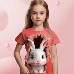 Easter Girls' 3D Graphic Cartoon Rabbit T shirt Tee Short Sleeve 3D Print Summer Spring Active Fashion Cute Kids 3-12 Years Outdoor Casual Daily Regular Fit