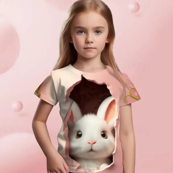 Easter Girls' 3D Graphic Cartoon Rabbit T shirt Tee Short Sleeve 3D Print Summer Spring Active Fashion Cute Kids 3-12 Years Outdoor Casual Daily Regular Fit