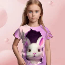 Easter Girls' 3D Graphic Cartoon Rabbit T shirt Tee Short Sleeve 3D Print Summer Spring Active Fashion Cute Kids 3-12 Years Outdoor Casual Daily Regular Fit