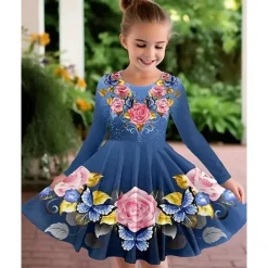 Easter Girls' 3D Graphic Flower Dress Long Sleeve Summer Spring Vacation Daily Holiday Princess Beautiful Sweet Kids 4-12 Years Casual Dress A Line Dress Knee-length Regular Fit