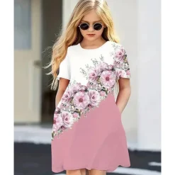 Easter Girls' 3D Graphic Flower Dress Short Sleeve Summer Spring Vacation Daily Holiday Princess Beautiful Sweet Kids 4-12 Years Casual Dress Knee-length Regular Fit