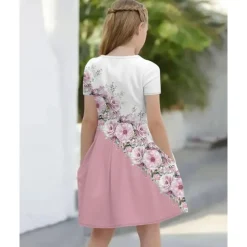 Easter Girls' 3D Graphic Flower Dress Short Sleeve Summer Spring Vacation Daily Holiday Princess Beautiful Sweet Kids 4-12 Years Casual Dress Knee-length Regular Fit