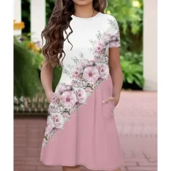 Easter Girls' 3D Graphic Flower Dress Short Sleeve Summer Spring Vacation Daily Holiday Princess Beautiful Sweet Kids 4-12 Years Casual Dress Knee-length Regular Fit