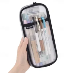 EASTHILL Grid Mesh Pen Pencil Case with Zipper Clear Makeup Color Pouch Cosmetics Bag Multi-Purpose Travel School Teen Girls Transparent Stationary Bag Office Organizer Box for Adluts(Pink)