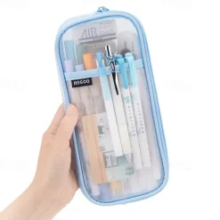 EASTHILL Grid Mesh Pen Pencil Case with Zipper Clear Makeup Color Pouch Cosmetics Bag Multi-Purpose Travel School Teen Girls Transparent Stationary Bag Office Organizer Box for Adluts(Pink)