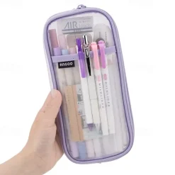 EASTHILL Grid Mesh Pen Pencil Case with Zipper Clear Makeup Color Pouch Cosmetics Bag Multi-Purpose Travel School Teen Girls Transparent Stationary Bag Office Organizer Box for Adluts(Pink)