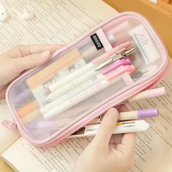 EASTHILL Grid Mesh Pen Pencil Case with Zipper Clear Makeup Color Pouch Cosmetics Bag Multi-Purpose Travel School Teen Girls Transparent Stationary Bag Office Organizer Box for Adluts(Pink)