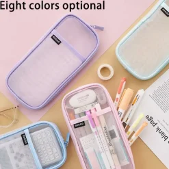 EASTHILL Grid Mesh Pen Pencil Case with Zipper Clear Makeup Color Pouch Cosmetics Bag Multi-Purpose Travel School Teen Girls Transparent Stationary Bag Office Organizer Box for Adluts(Pink)