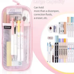 EASTHILL Grid Mesh Pen Pencil Case with Zipper Clear Makeup Color Pouch Cosmetics Bag Multi-Purpose Travel School Teen Girls Transparent Stationary Bag Office Organizer Box for Adluts(Pink)