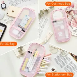 EASTHILL Grid Mesh Pen Pencil Case with Zipper Clear Makeup Color Pouch Cosmetics Bag Multi-Purpose Travel School Teen Girls Transparent Stationary Bag Office Organizer Box for Adluts(Pink)