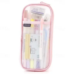 EASTHILL Grid Mesh Pen Pencil Case with Zipper Clear Makeup Color Pouch Cosmetics Bag Multi-Purpose Travel School Teen Girls Transparent Stationary Bag Office Organizer Box for Adluts(Pink)