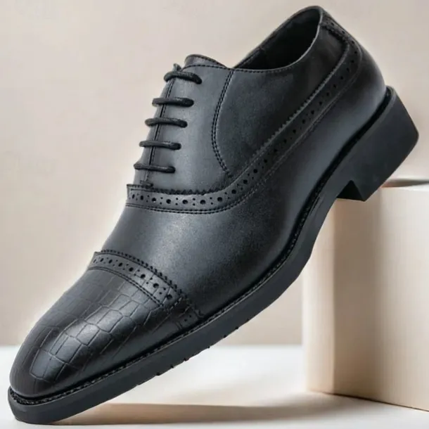 Elegant Brown Faux Leather Dress Shoes with Brogue Detailing for Professional and Business Settings