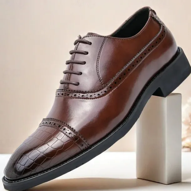 Elegant Brown Faux Leather Dress Shoes with Brogue Detailing for Professional and Business Settings