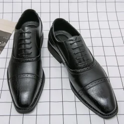 Elegant Brown Faux Leather Dress Shoes with Brogue Detailing for Professional and Business Settings