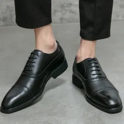 Elegant Brown Faux Leather Dress Shoes with Brogue Detailing for Professional and Business Settings