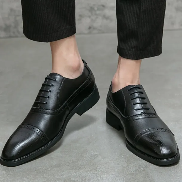 Elegant Brown Faux Leather Dress Shoes with Brogue Detailing for Professional and Business Settings