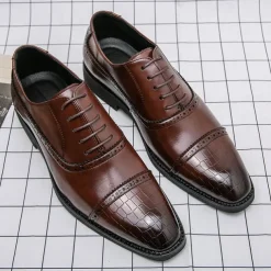 Elegant Brown Faux Leather Dress Shoes with Brogue Detailing for Professional and Business Settings