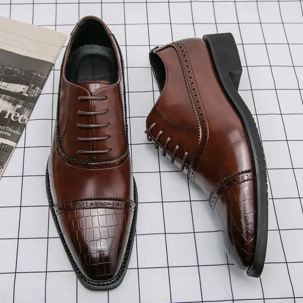 Elegant Brown Faux Leather Dress Shoes with Brogue Detailing for Professional and Business Settings
