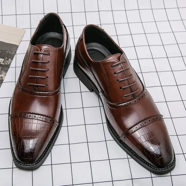 Elegant Brown Faux Leather Dress Shoes with Brogue Detailing for Professional and Business Settings
