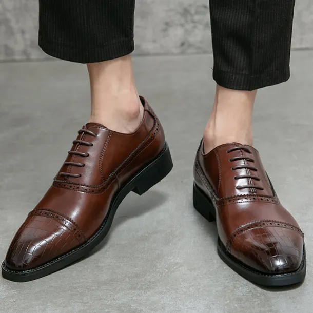 Elegant Brown Faux Leather Dress Shoes with Brogue Detailing for Professional and Business Settings