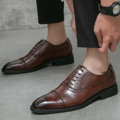Elegant Brown Faux Leather Dress Shoes with Brogue Detailing for Professional and Business Settings