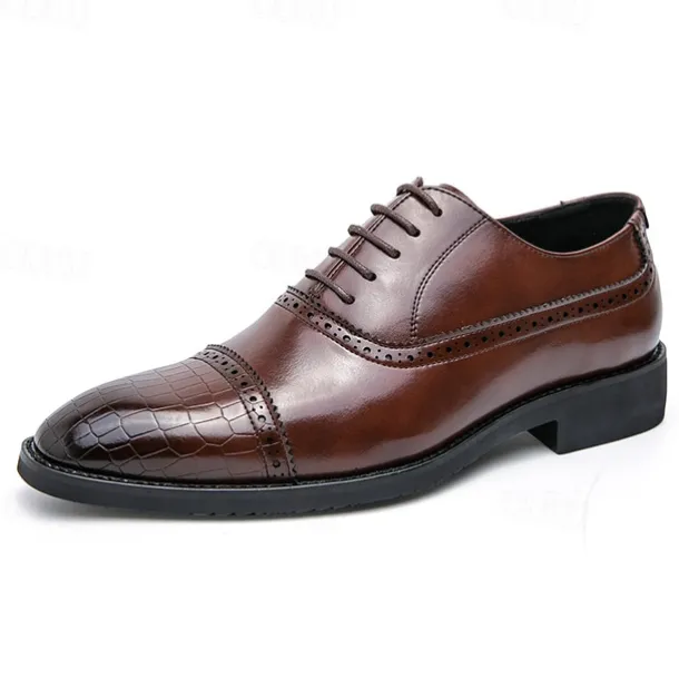 Elegant Brown Faux Leather Dress Shoes with Brogue Detailing for Professional and Business Settings