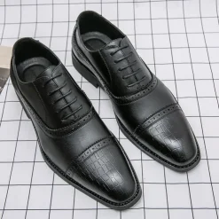 Elegant Brown Faux Leather Dress Shoes with Brogue Detailing for Professional and Business Settings