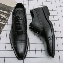 Elegant Brown Faux Leather Dress Shoes with Brogue Detailing for Professional and Business Settings