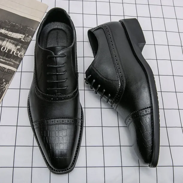 Elegant Brown Faux Leather Dress Shoes with Brogue Detailing for Professional and Business Settings