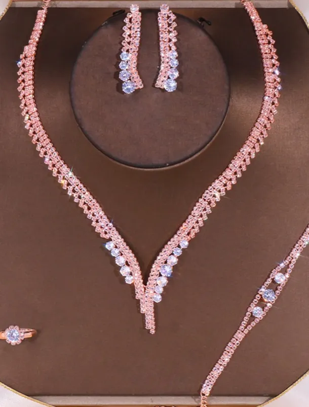 Elegant Crystal Jewelry Set for Women – Includes Necklace, Earrings, Bracelet, and Ring, Perfect for Weddings and Special Occasions