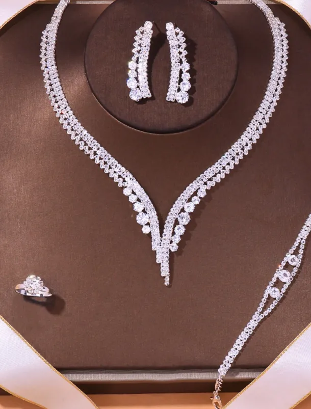 Elegant Crystal Jewelry Set for Women – Includes Necklace, Earrings, Bracelet, and Ring, Perfect for Weddings and Special Occasions