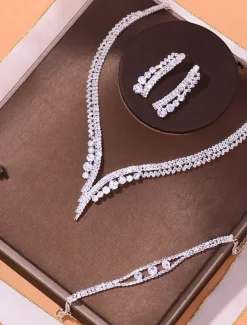 Elegant Crystal Jewelry Set for Women – Includes Necklace, Earrings, Bracelet, and Ring, Perfect for Weddings and Special Occasions