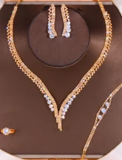 Elegant Crystal Jewelry Set for Women – Includes Necklace, Earrings, Bracelet, and Ring, Perfect for Weddings and Special Occasions