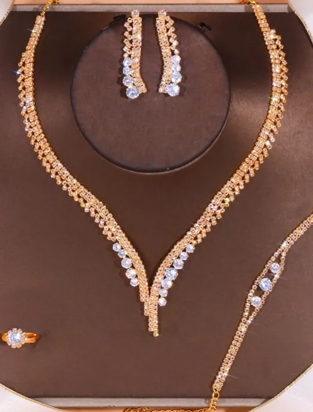 Elegant Crystal Jewelry Set for Women – Includes Necklace, Earrings, Bracelet, and Ring, Perfect for Weddings and Special Occasions