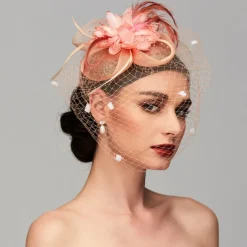 Elegant Fascinators Hats Linen Net Mesh Headpiece Kentucky Hat with Clip Headband Feather Floral Flower Mesh Net Wedding Evening Party Horse Race Ladies Day Headpiece Headwear