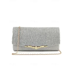 Elegant Gold Glitter Evening Clutch - Women's Party Handbag with Chain Strap and Decorative Metal Accent for Weddings and Formal Events