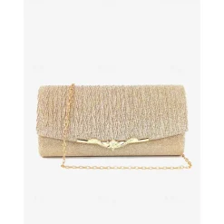 Elegant Gold Glitter Evening Clutch - Women's Party Handbag with Chain Strap and Decorative Metal Accent for Weddings and Formal Events