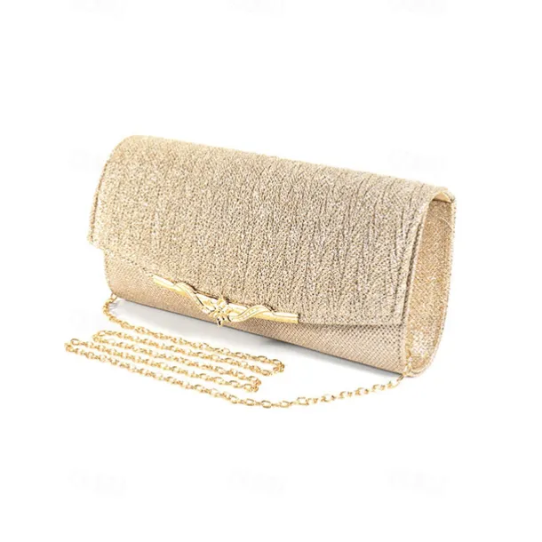 Elegant Gold Glitter Evening Clutch - Women's Party Handbag with Chain Strap and Decorative Metal Accent for Weddings and Formal Events