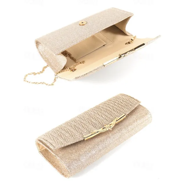 Elegant Gold Glitter Evening Clutch - Women's Party Handbag with Chain Strap and Decorative Metal Accent for Weddings and Formal Events