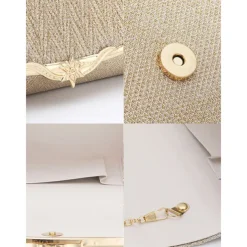 Elegant Gold Glitter Evening Clutch - Women's Party Handbag with Chain Strap and Decorative Metal Accent for Weddings and Formal Events